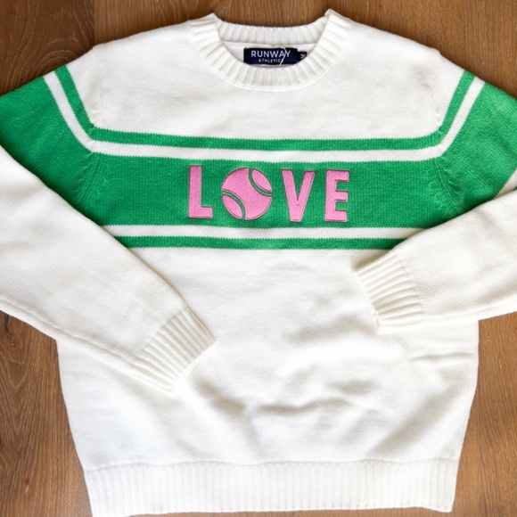 Tennis Inspired RUNWAY ATHLETICS LOVE Sweater - Pink, Green & Cream Size Medium - Picture 5 of 13